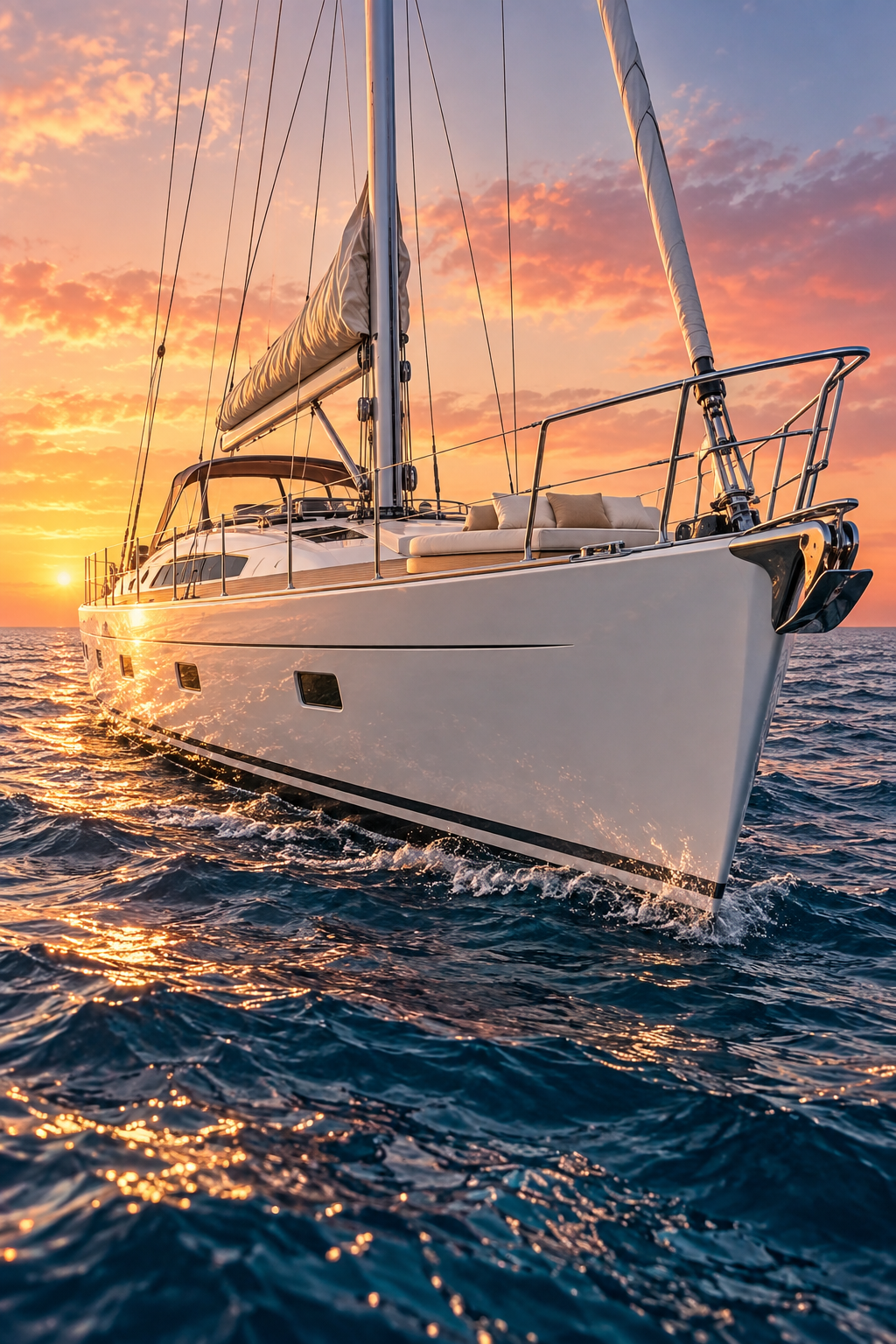 AI-generated mood illustration of a white sailing yacht on blue water at sunset; not an actual tour vessel